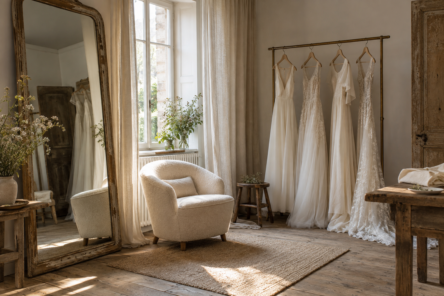 Ambiance d’un atelier intime : miroir ancien, rideaux en lin, fauteuil et quelques robes