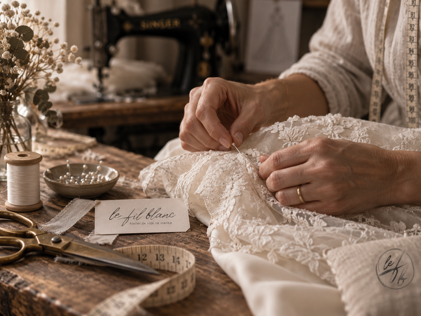 Les mains d’une couturière travaillant une dentelle