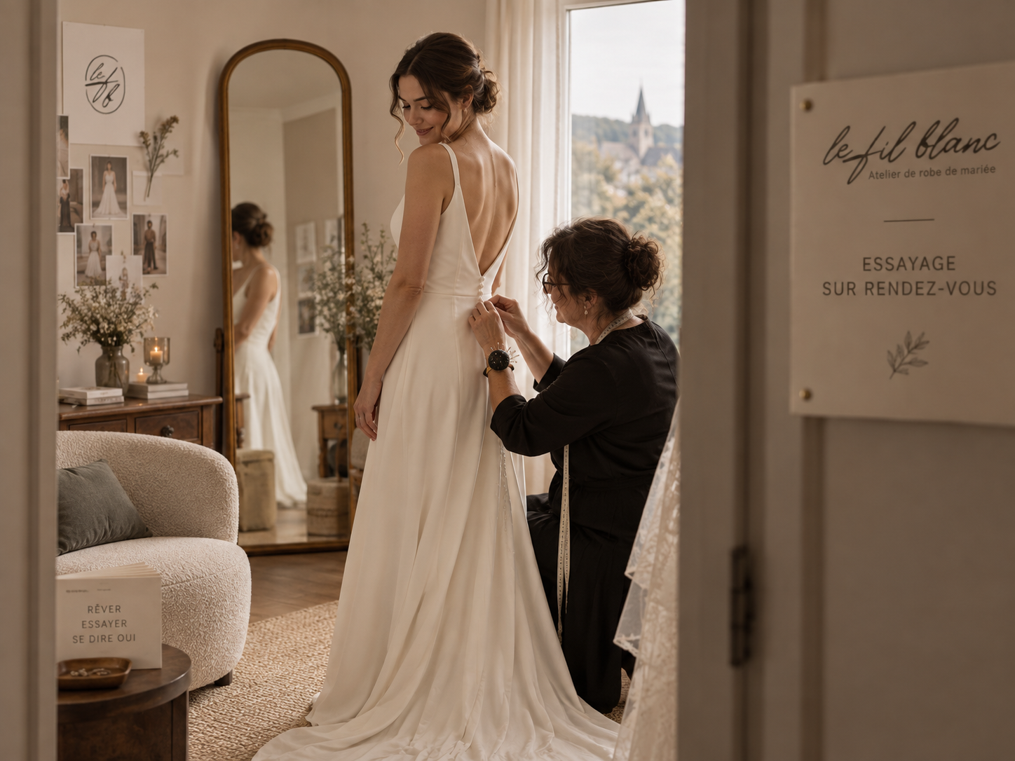 Essayage et ajustement d’une robe de mariée à l’atelier