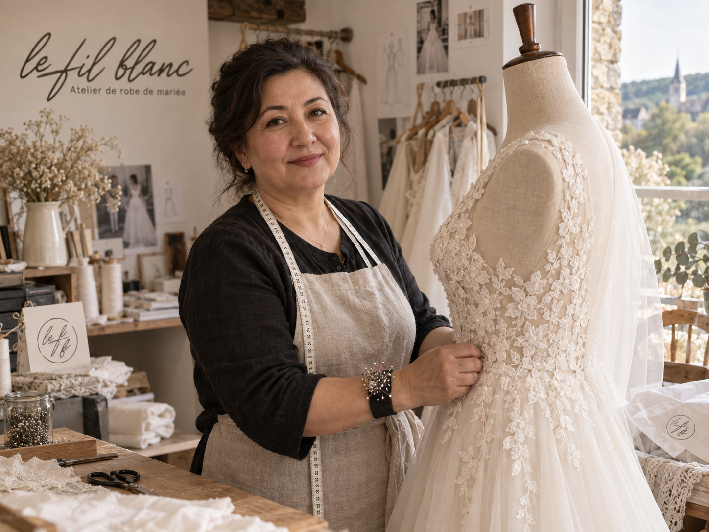 Nadilyam auprès d’une robe en dentelle sur un mannequin