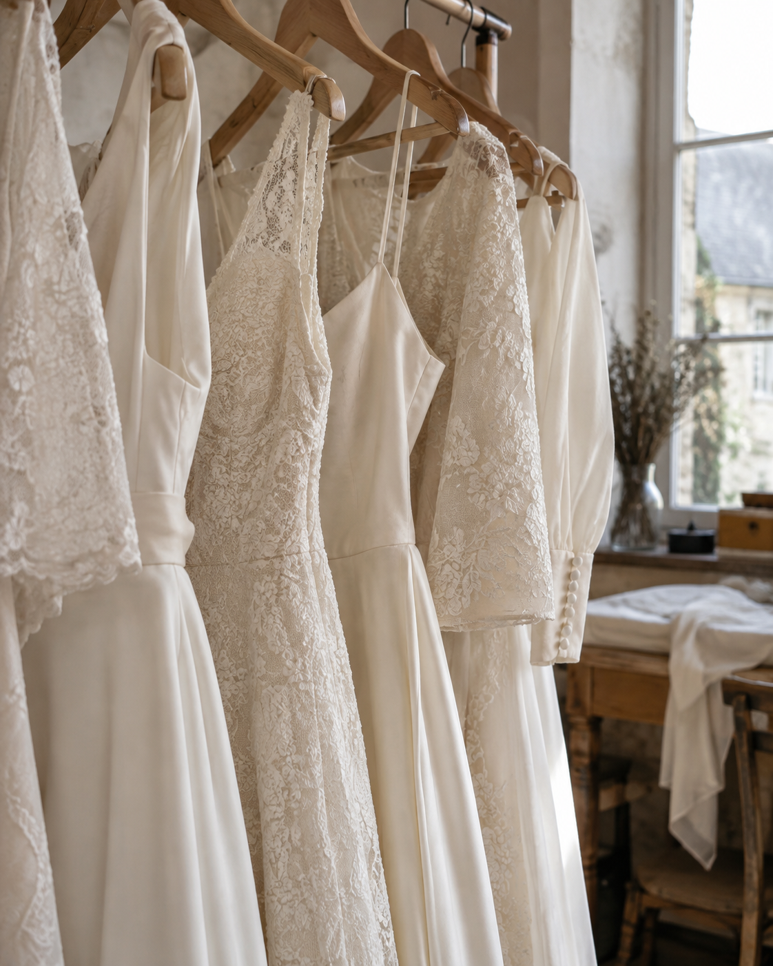 Une sélection de robes en soie et dentelle sur un portant
